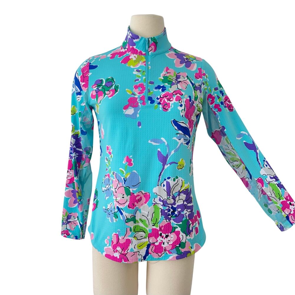 IBKUL Quarter Zip Golf Top Sweatshirt Long Sleeve Blue Floral Multi S